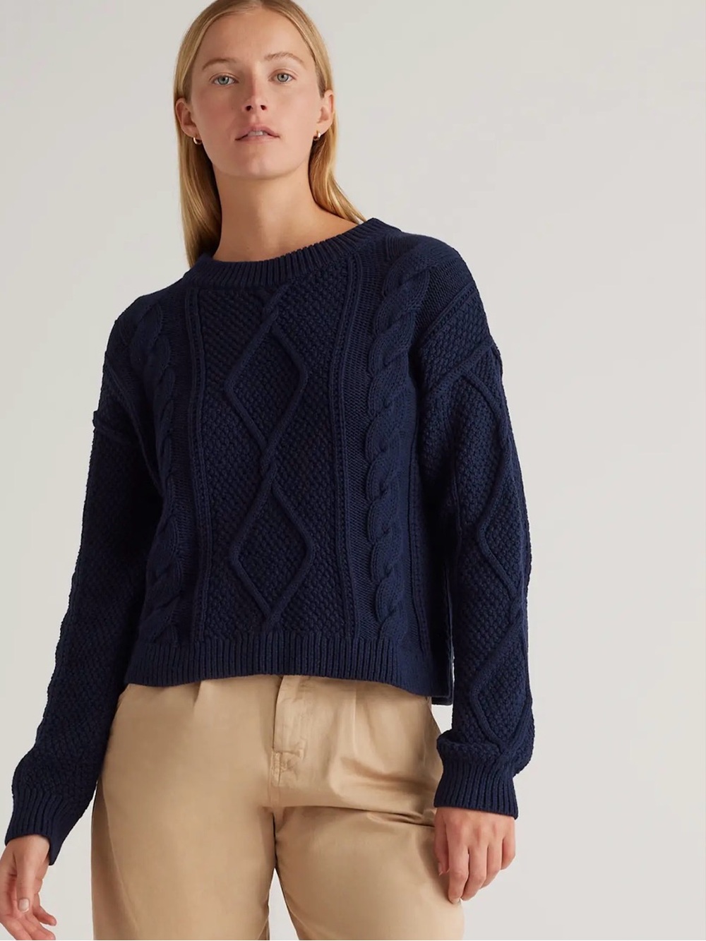 Quince 100% Organic‎ Cotton Cropped Cable Crew Sweater Size Large